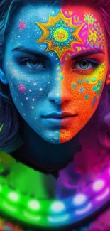 Vibrant cosmic face art wallpaper with neon colors.