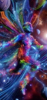 Colorful cosmic fairy floating in space with a vibrant galaxy background.