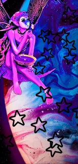 Purple fairy with wings amidst stars on a cosmic background.