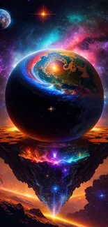 Surreal cosmic fantasy wallpaper featuring floating planet and galaxy colors.