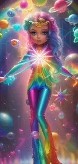 Vibrant cosmic girl in rainbow costume surrounded by planets.