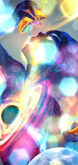 Vibrant cosmic-themed fantasy artwork for mobile wallpaper.