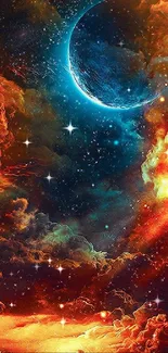 Fantasy cosmic art with moon, stars, and vibrant colors.