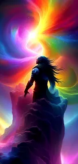 Fantasy artwork with vibrant colors and mysterious figure in cosmic swirl.