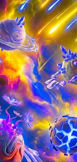 Colorful fantasy art of planets and meteors in space.