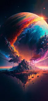 Vivid cosmic planet with colorful galaxies and mystical hues in fantasy art.