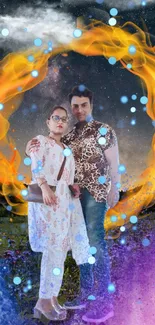 Fantasy wallpaper with a cosmic fire circle and couple.