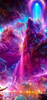 Vibrant cosmic fantasy wallpaper with purple and blue celestial elements.