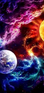 Cosmic wallpaper with colorful planets and sun.