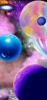 Vibrant cosmic fantasy wallpaper with colorful planets and starry galaxy.