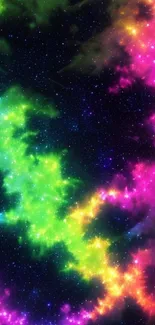 Vibrant cosmic fantasy wallpaper with colorful nebulae and stars.