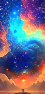 Vibrant cosmic fantasy wallpaper with stars and colorful nebulae.