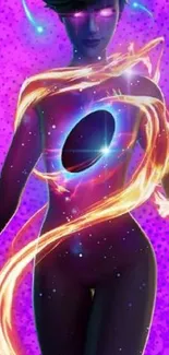 Cosmic neon figure with swirling lights on purple background wallpaper.