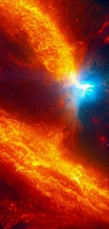 Vibrant cosmic flame wallpaper with orange nebulae and blue highlights.