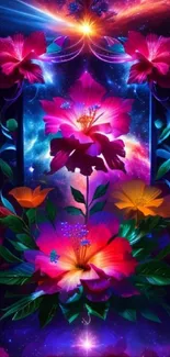 Vibrant cosmic floral wallpaper with colorful nebula background.