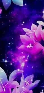 Cosmic floral wallpaper with pink and purple hues against a starry background.