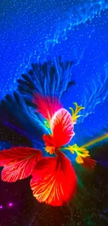Vibrant cosmic flower with a blue starry background.