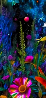 Vivid floral cosmic landscape wallpaper with vibrant colors.
