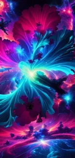 Vibrant cosmic floral wallpaper with neon hues.