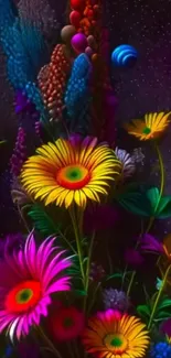 Vibrant flowers against a cosmic background