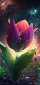 Vibrant cosmic tulip glowing under a starry sky.