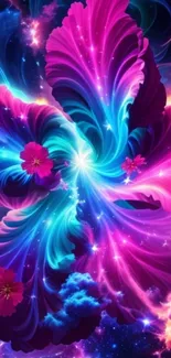 Vibrant cosmic flower mobile wallpaper showcasing swirling neon colors.