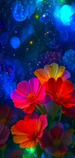 Vibrant flowers with a cosmic galaxy background on mobile wallpaper.
