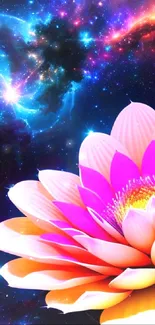 Vibrant lotus flower with cosmic nebula backdrop on phone wallpaper.