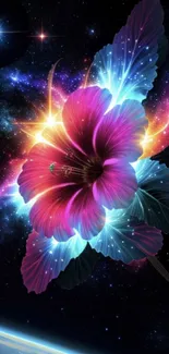 Vibrant cosmic flower with a galaxy background.