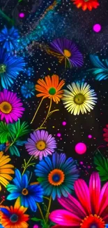 Colorful cosmic flowers wallpaper with a starry background.