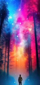 Vibrant cosmic forest with colorful night sky.