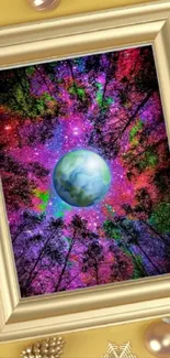 Earth in colorful cosmic forest framed in gold with vibrant galaxy hues.