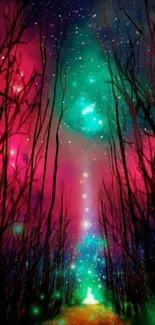 Vibrant cosmic forest with colorful galaxies and trees.