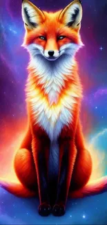 Vibrant fox in a colorful cosmic galaxy background for mobile wallpaper.