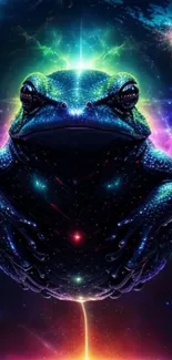 A vibrant cosmic frog in a colorful galaxy.
