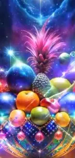 Vibrant cosmic fruit explosion mobile wallpaper with vivid colors.