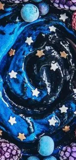 Galaxy-inspired blueberry swirl with starry toppings on a dark background.