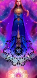 Ethereal figure in purple cosmic art wallpaper with colorful mandalas.