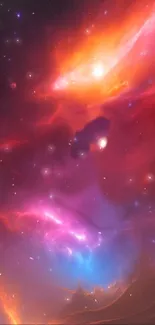 Vibrant cosmic galaxy art with red and purple nebulae.