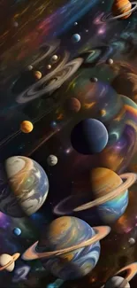 Vibrant cosmic artwork of planets in space.