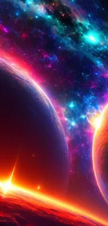 Colorful cosmic wallpaper with planets and stars in a vibrant galaxy setting.