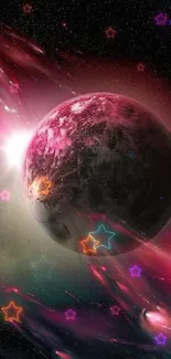 Vibrant cosmic wallpaper with pink nebula and a mysterious planet.