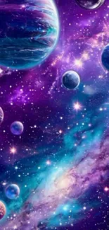 Colorful cosmic galaxy with planets and stars, vibrant mobile wallpaper.