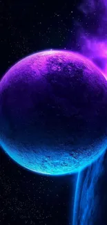 Vibrant cosmic wallpaper with purple and blue planet against starry background.