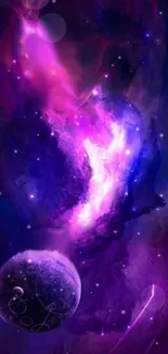 Vibrant purple cosmic galaxy wallpaper featuring a nebula and stars.