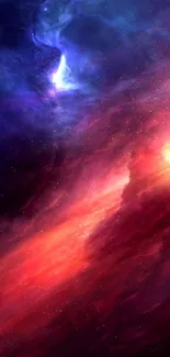 Vibrant cosmic galaxy wallpaper with nebulae in red and purple hues.