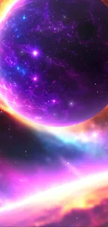 Vibrant cosmic wallpaper featuring a purple planet and colorful galaxy scene.