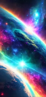 Vibrant cosmic galaxy wallpaper with colorful planets and nebulae.