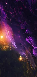 Vibrant purple and golden cosmic galaxy wallpaper for mobile devices.