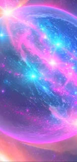 Vibrant cosmic wallpaper with pink and blue galaxy and sparkling stars.